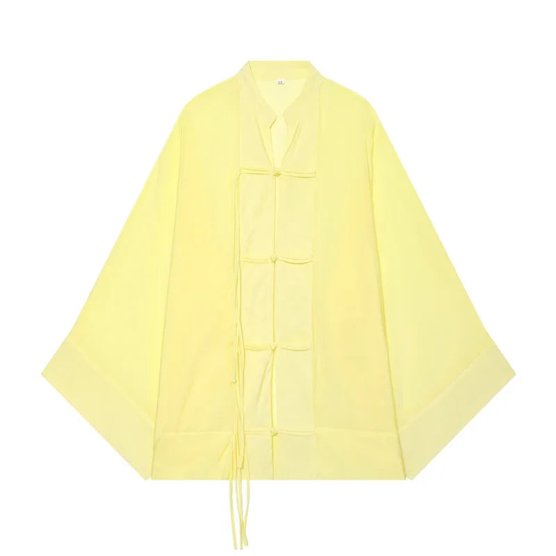Guobioziy Women's Shirt 2026 Summer New Yellow Long Sleeve with Knot Button Decoration Loose Fit Beach Vacation Elegant