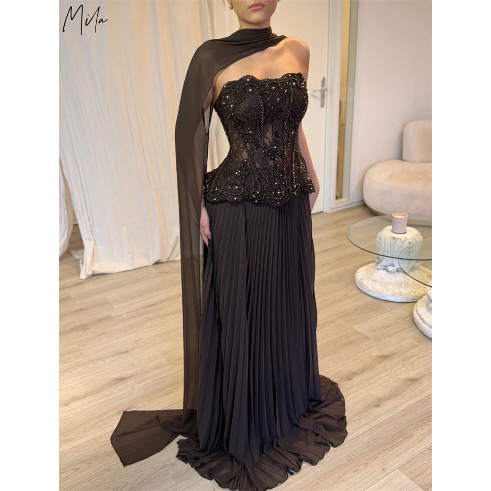 Robe de bal plissée personnalisée Mila, sans bretelles, ornée de perles, coupe trapèze, avec châle et corset, longueur ras du sol, pour soirée formelle, Vestidos De Fiesta 2026