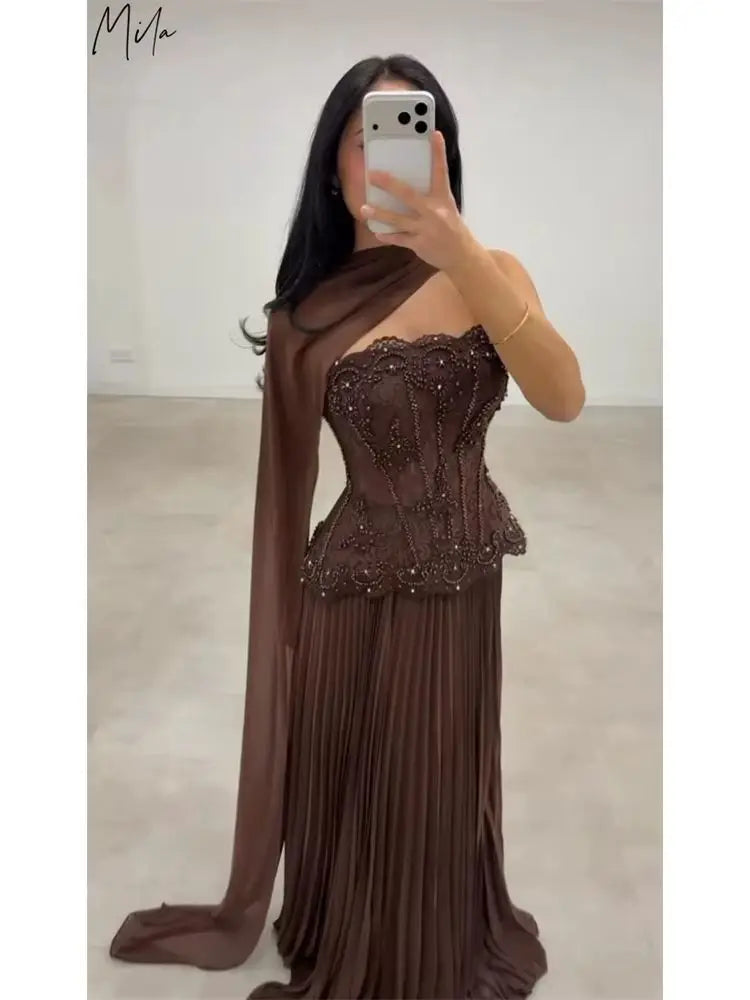 Robe de bal plissée personnalisée Mila, sans bretelles, ornée de perles, coupe trapèze, avec châle et corset, longueur ras du sol, pour soirée formelle, Vestidos De Fiesta 2026
