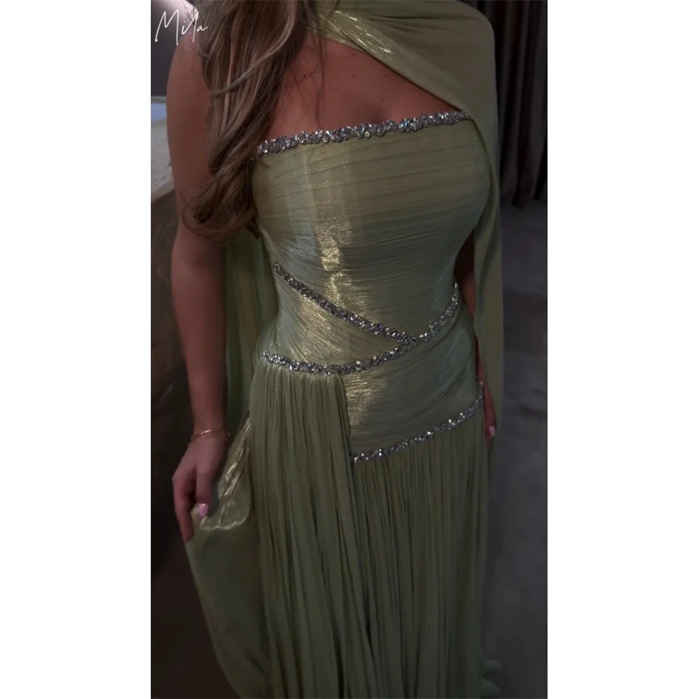 Robe de bal Mila personnalisée vert sauge, coupe trapèze, sans bretelles, avec châle, plissée, ornée de cristaux, longueur ras du sol, pour soirée formelle, Vestidos De Fiesta