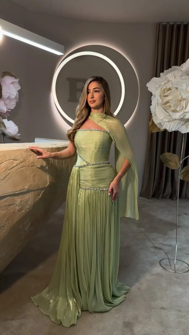 Robe de bal Mila personnalisée vert sauge, coupe trapèze, sans bretelles, avec châle, plissée, ornée de cristaux, longueur ras du sol, pour soirée formelle, Vestidos De Fiesta