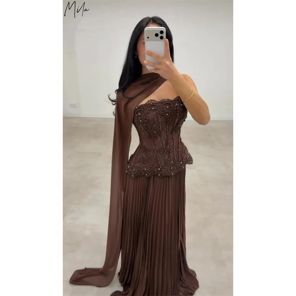 Robe de bal plissée personnalisée Mila, sans bretelles, ornée de perles, coupe trapèze, avec châle et corset, longueur ras du sol, pour soirée formelle, Vestidos De Fiesta 2026