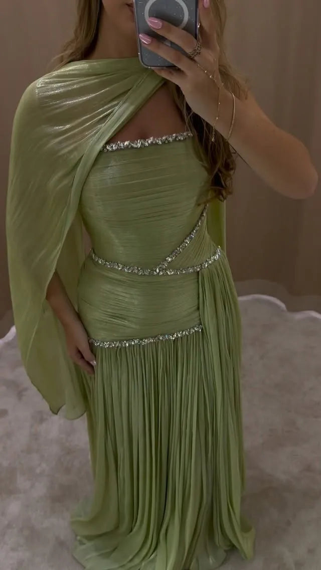 Robe de bal Mila personnalisée vert sauge, coupe trapèze, sans bretelles, avec châle, plissée, ornée de cristaux, longueur ras du sol, pour soirée formelle, Vestidos De Fiesta