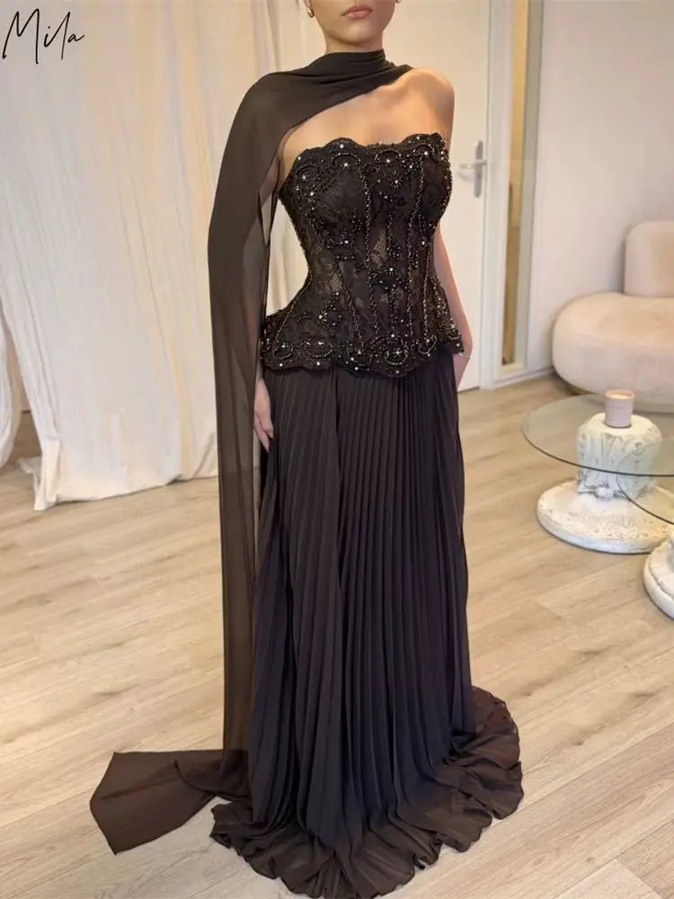 Robe de bal plissée personnalisée Mila, sans bretelles, ornée de perles, coupe trapèze, avec châle et corset, longueur ras du sol, pour soirée formelle, Vestidos De Fiesta 2026