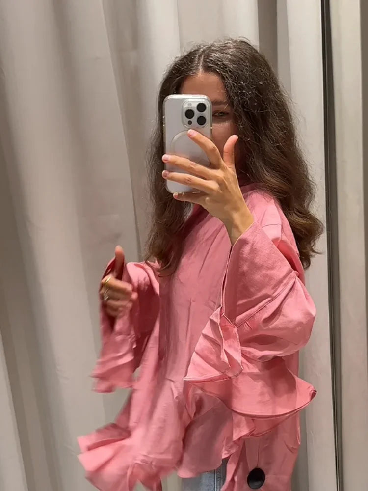 Women Solid Elegant Chiffon Ruffled Shirt Fashion Pink Single Breasted Loose Casual Shirts Lady Daily Chic Commute Office Tops