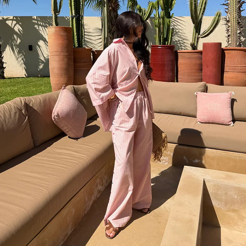 Contrast Stripe Linen Pants 2 Pieces Set Women's Lapel Buttons Shirts Long Trousers 2026 New Ladies Summer Vacation Beach Outfit