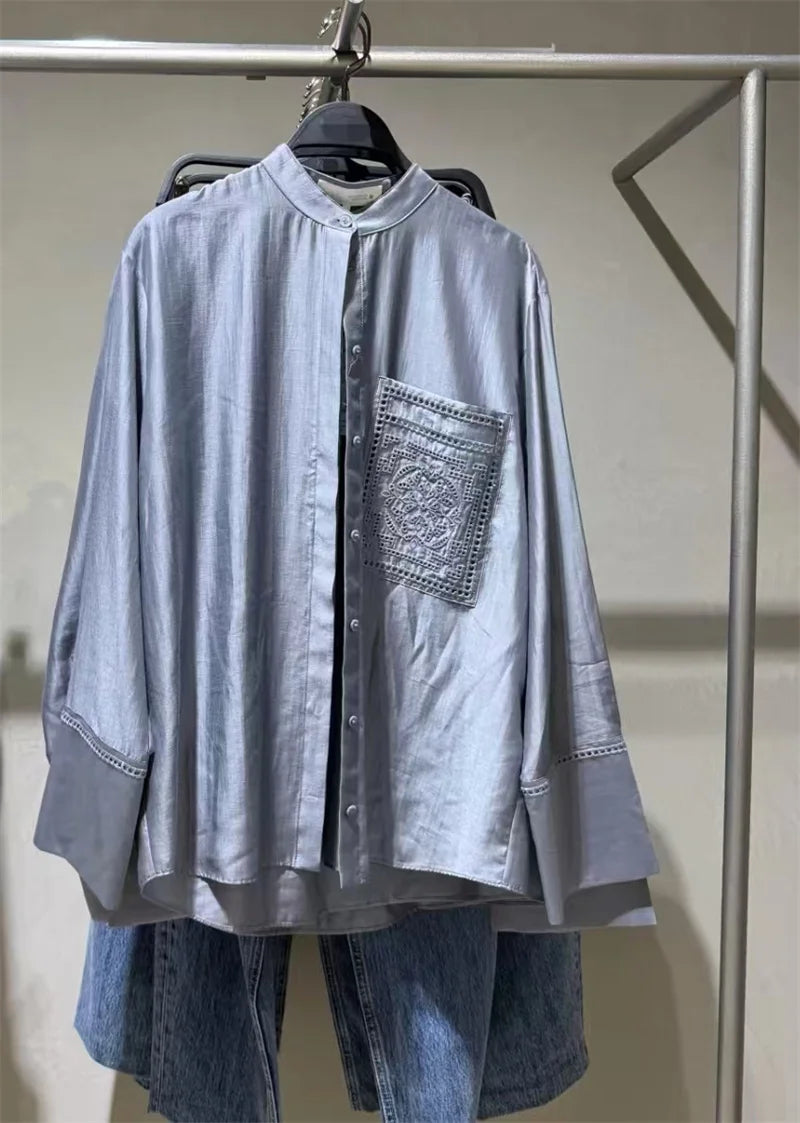 Guobioziy Women's Shirt 2026 Summer New Solid Color Long Sleeve Embroidered Pocket Loose Shirt Elegant Stylish Simple Fashion