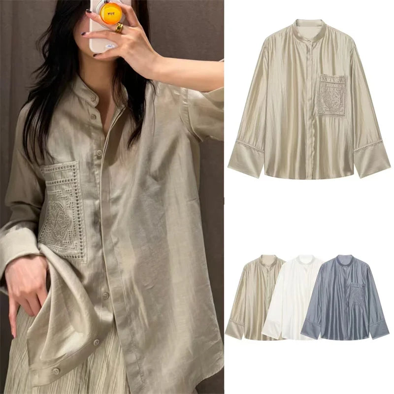 Guobioziy Women's Shirt 2026 Summer New Solid Color Long Sleeve Embroidered Pocket Loose Shirt Elegant Stylish Simple Fashion