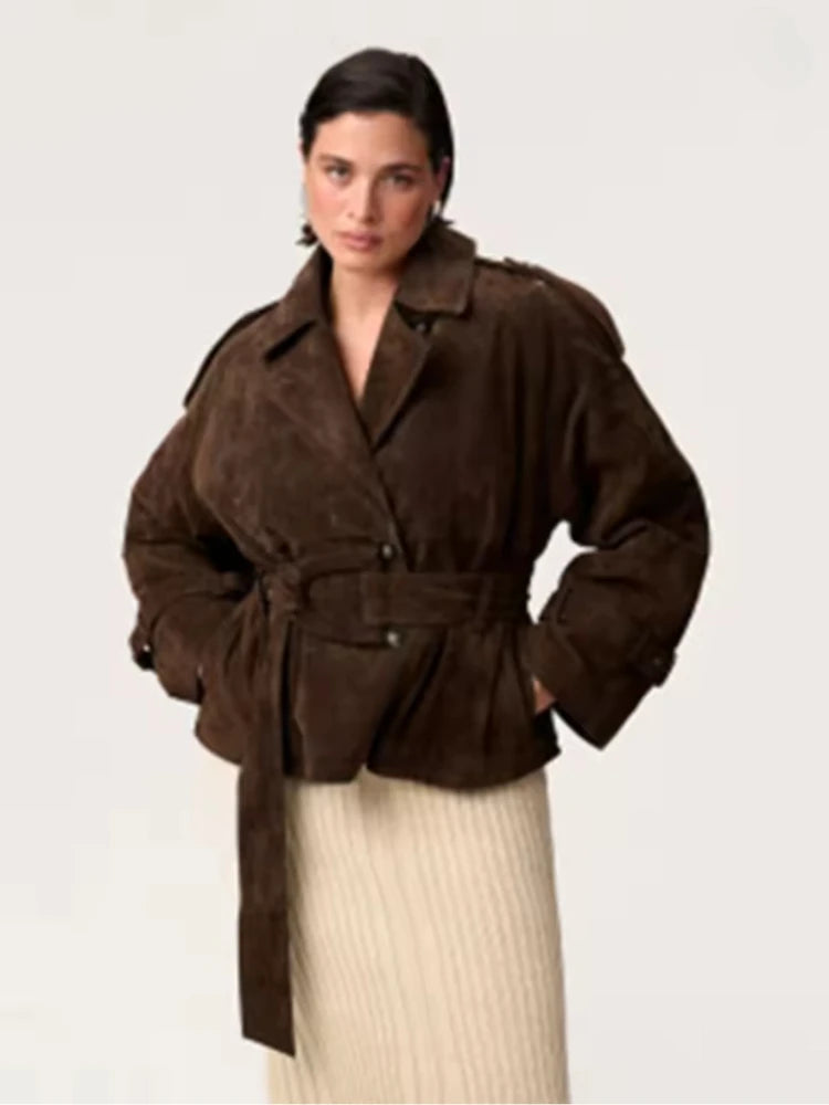 Fashion Suede Women's Jacket With Belt Brown Full Sleeve Turn-down Collar Lace Up Female Jackets 2026 Autumn Winter Lady Outwear