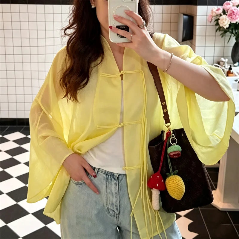 Guobioziy Women's Shirt 2026 Summer New Yellow Long Sleeve with Knot Button Decoration Loose Fit Beach Vacation Elegant