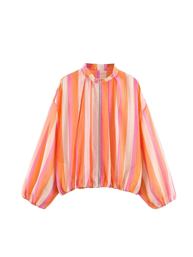 TFMLN Women's Bomber Jacket Multicolored Striped Long Sleeves Loose Jackets High Collar Striped Zipper Jackets and Elastic Trims