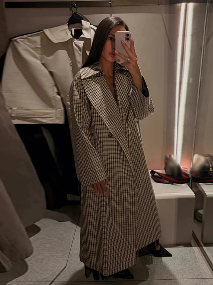 Women Casual Plaid Windbreaker Turn-down Collar Long Sleeve Belt Waist Jacket 2026 Spring Fashion High Street Lady Commute Coat
