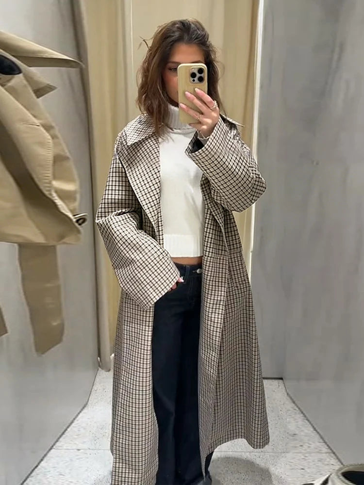 Women Casual Plaid Windbreaker Turn-down Collar Long Sleeve Belt Waist Jacket 2026 Spring Fashion High Street Lady Commute Coat