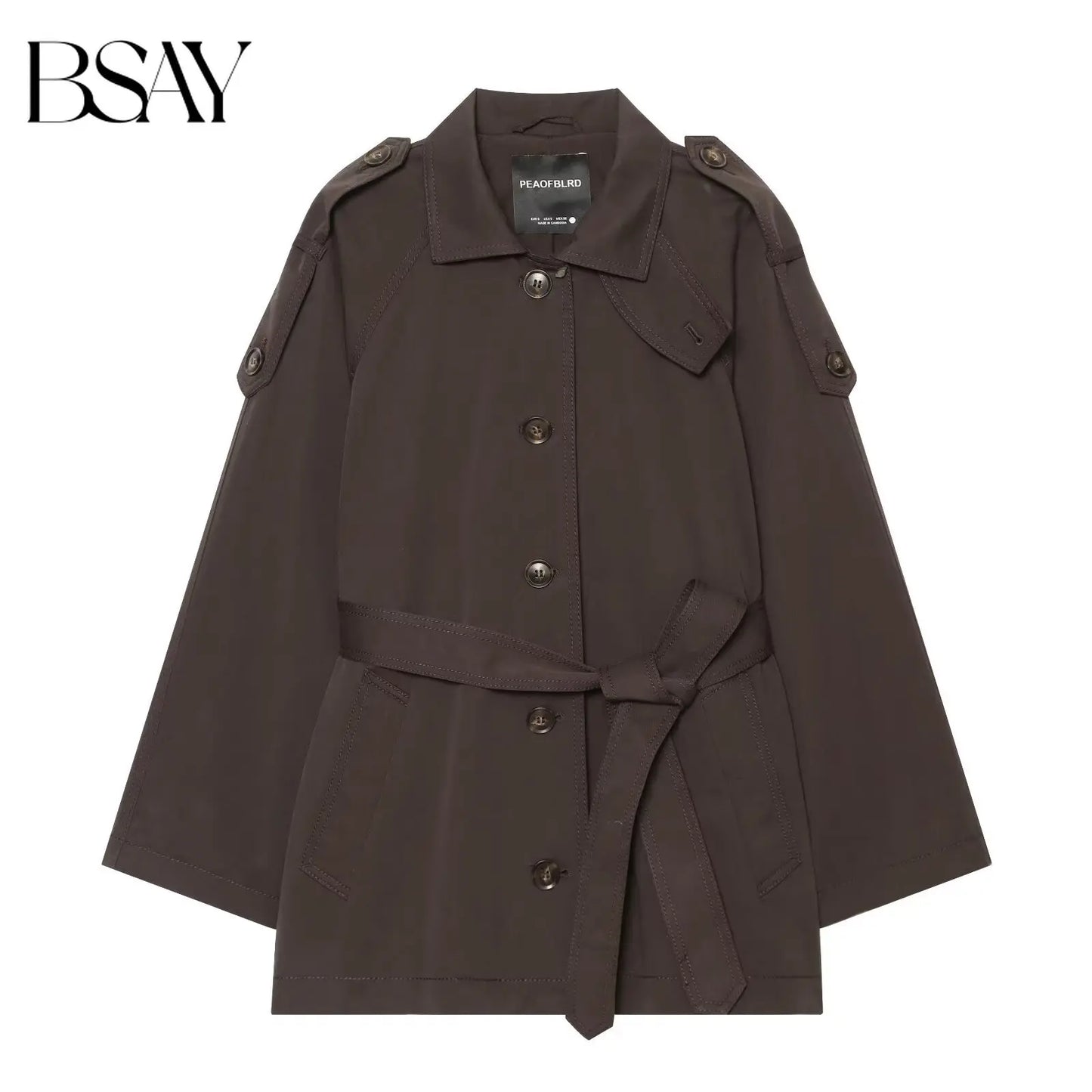 BSAY 2026 Minimalist Commuter Women Short Trench Coat Lapel Shoulder Epaulets Self Tie Belt Waist Casual Long Sleeve Wind Jacket