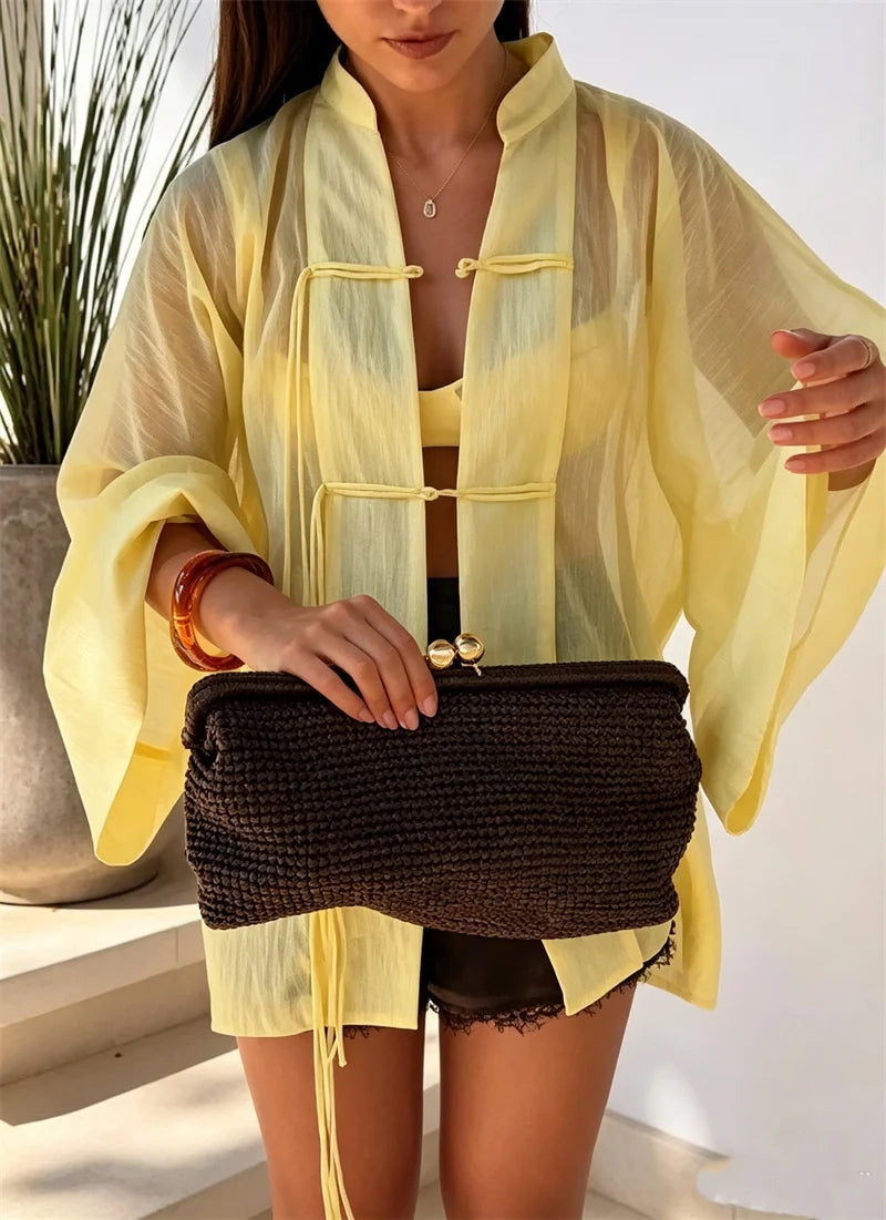 Guobioziy Women's Shirt 2026 Summer New Yellow Long Sleeve with Knot Button Decoration Loose Fit Beach Vacation Elegant