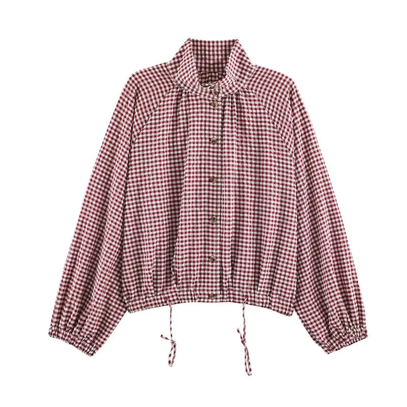 Guobioziy Women's Jacket 2026 Autumn New Plaid Long-Sleeve Drawstring Loose Jacket Parka Casual Fashion Versatile