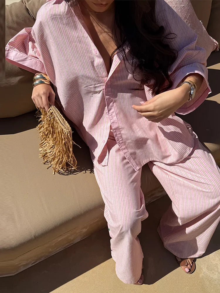Contrast Stripe Linen Pants 2 Pieces Set Women's Lapel Buttons Shirts Long Trousers 2026 New Ladies Summer Vacation Beach Outfit
