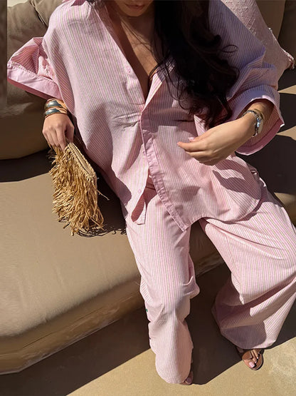 Contrast Stripe Linen Pants 2 Pieces Set Women's Lapel Buttons Shirts Long Trousers 2026 New Ladies Summer Vacation Beach Outfit