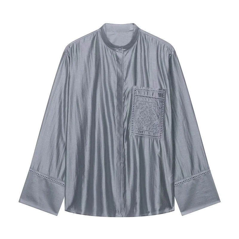 Guobioziy Women's Shirt 2026 Summer New Solid Color Long Sleeve Embroidered Pocket Loose Shirt Elegant Stylish Simple Fashion