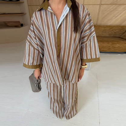 Contrast Stripe Linen Pants 2 Pieces Set Women's Lapel Buttons Shirts Long Trousers 2026 New Ladies Summer Vacation Beach Outfit