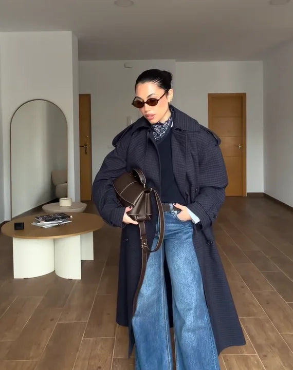 Elegant Lace-up Plaid Lapel Maxi Trench Coat Women Fashion Single Breasted Full Sleeve Loose Coats Lady 2026 New Spring Outwear