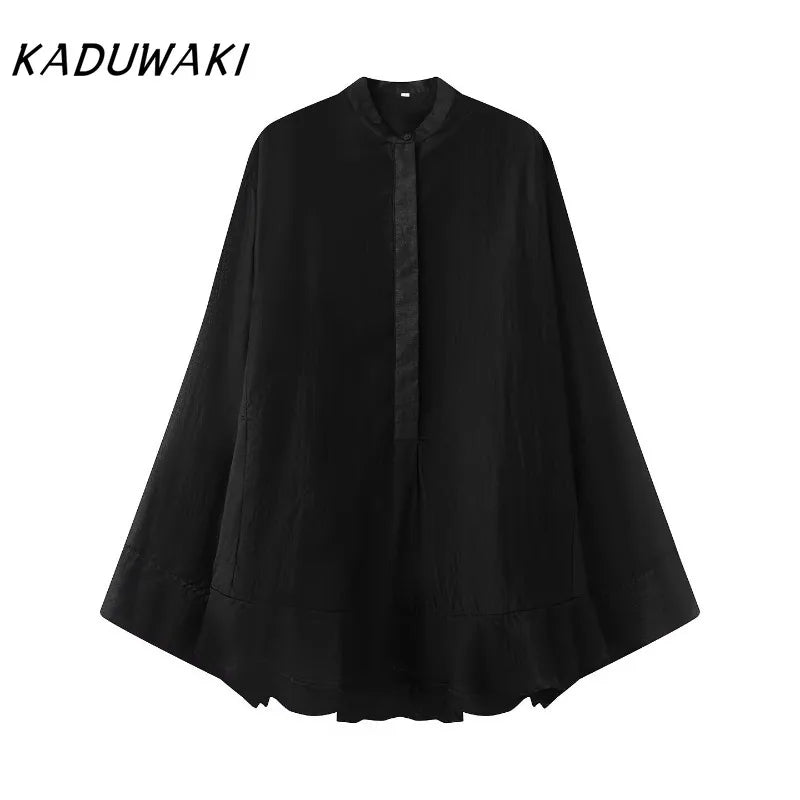 KADUWAKI Classic Solid Color Round Neck Layered Ruffle Edge Long Sleeved Shirt Fashion Single Breasted Casual Commuting Top