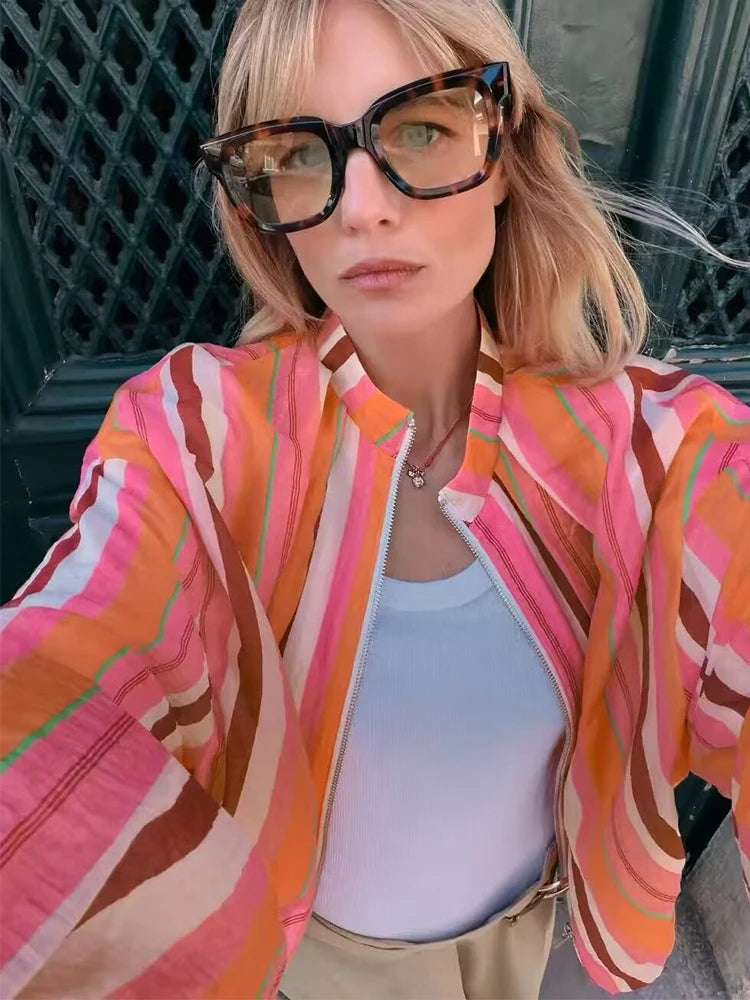 TFMLN Women's Bomber Jacket Multicolored Striped Long Sleeves Loose Jackets High Collar Striped Zipper Jackets and Elastic Trims