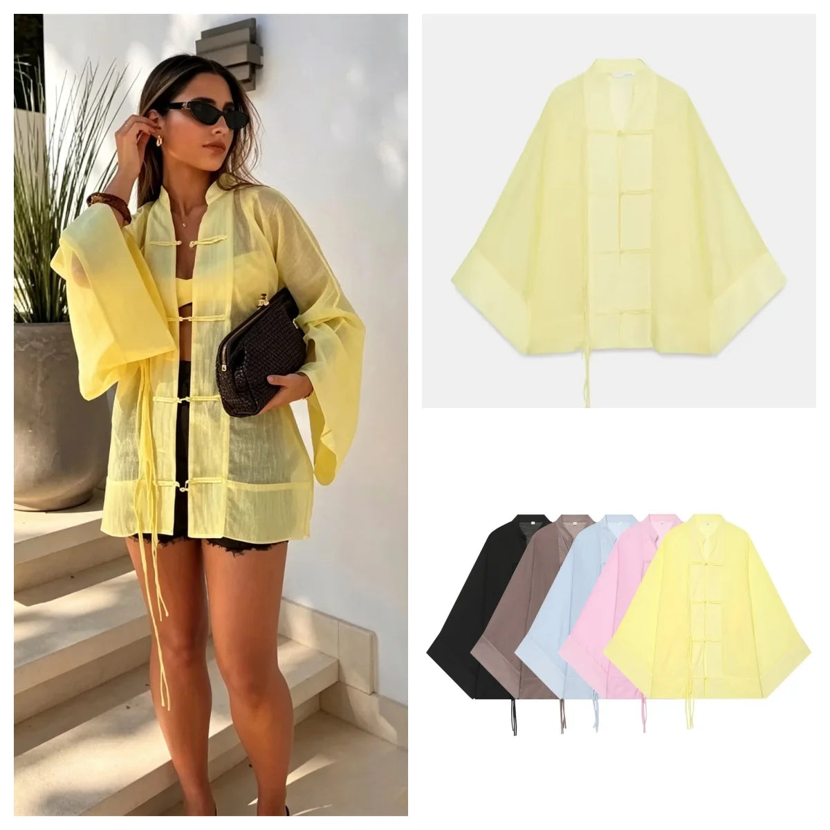 Guobioziy Women's Shirt 2026 Summer New Yellow Long Sleeve with Knot Button Decoration Loose Fit Beach Vacation Elegant