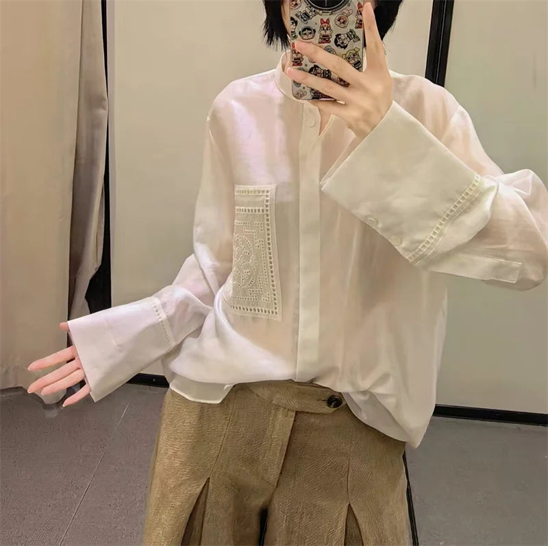 Guobioziy Women's Shirt 2026 Summer New Solid Color Long Sleeve Embroidered Pocket Loose Shirt Elegant Stylish Simple Fashion