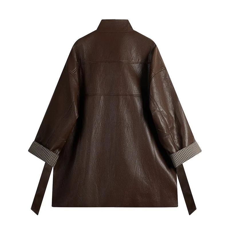 Maillard Coffee Color Design tie up Slimming Leather Jacket 2025Autumn New Loose Solid Color Outfit Korean Outerwear top Commute