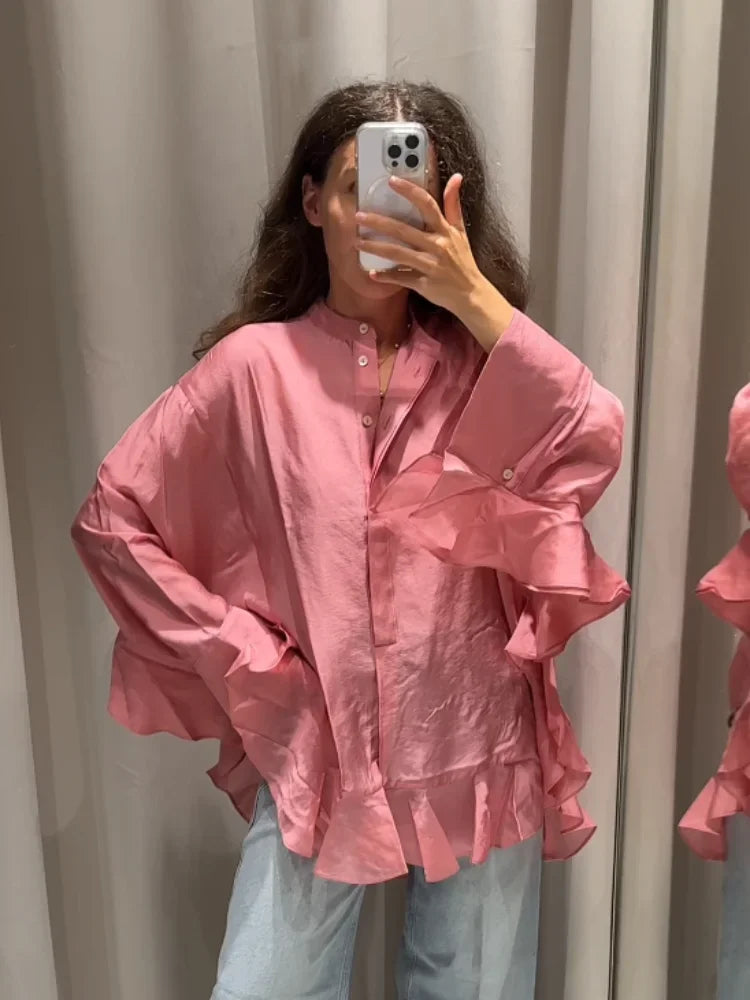 Women Solid Elegant Chiffon Ruffled Shirt Fashion Pink Single Breasted Loose Casual Shirts Lady Daily Chic Commute Office Tops