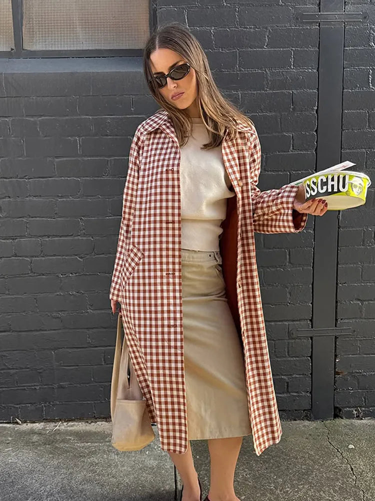 Red Plaid Long Trench Coat Casual Lapel Single Breasted Full Sleeve Windbreaker Jacket Y2k 2026 Autumn New Lady Streetwear