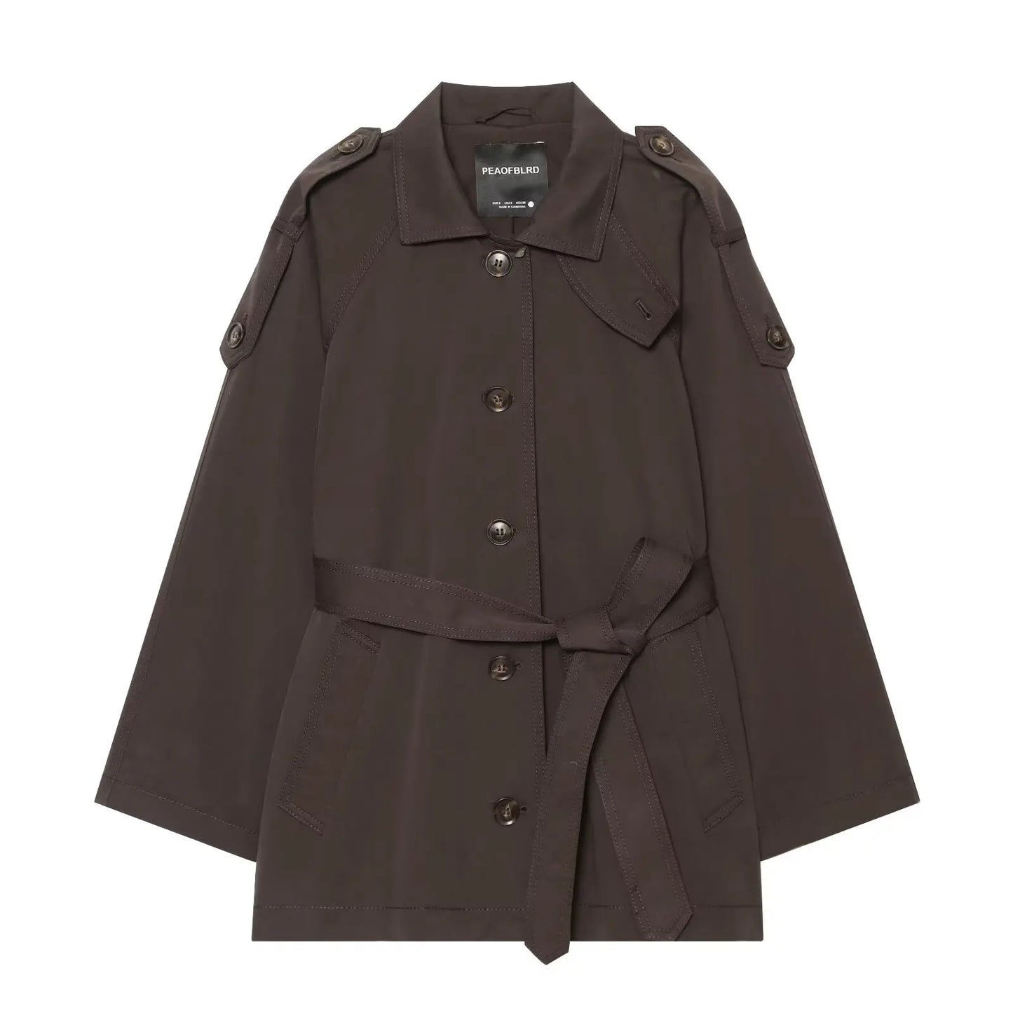BSAY 2026 Minimalist Commuter Women Short Trench Coat Lapel Shoulder Epaulets Self Tie Belt Waist Casual Long Sleeve Wind Jacket
