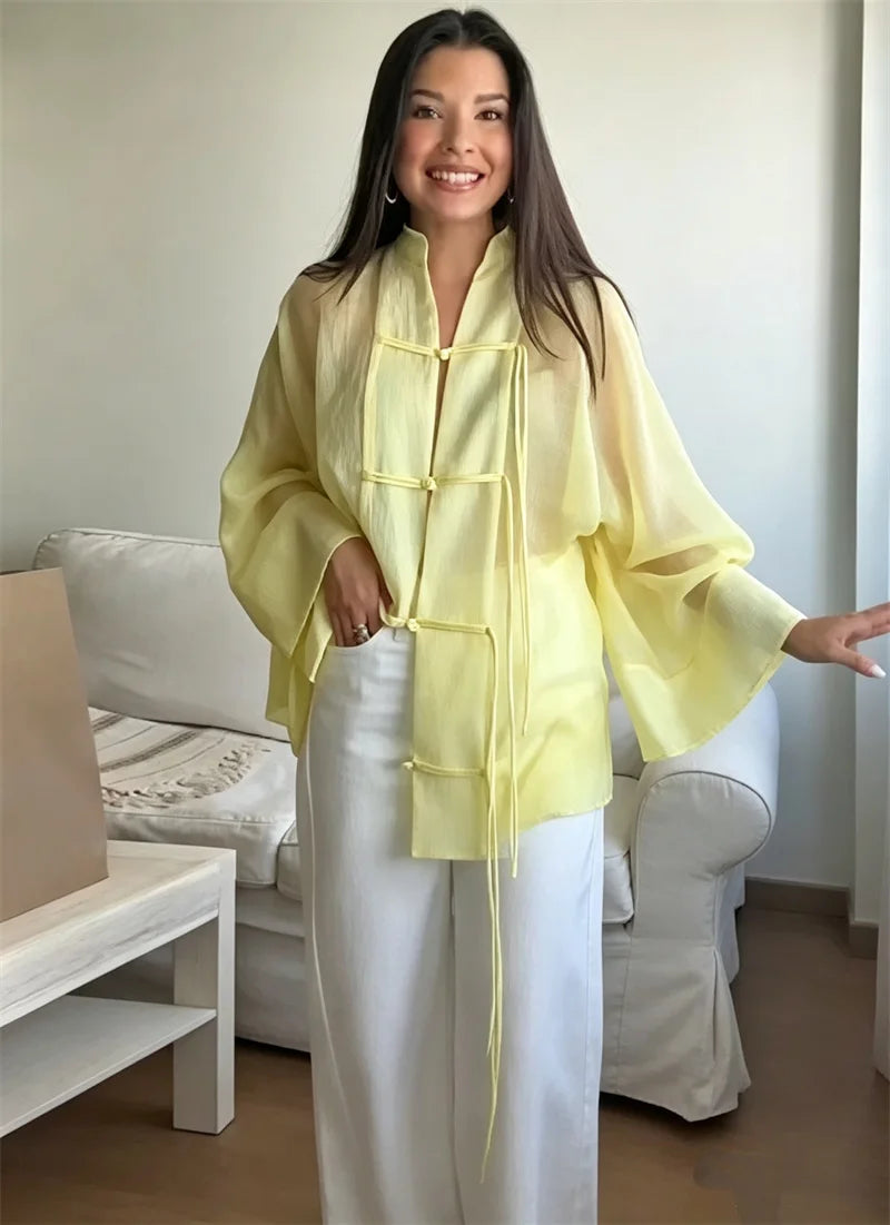 Guobioziy Women's Shirt 2026 Summer New Yellow Long Sleeve with Knot Button Decoration Loose Fit Beach Vacation Elegant