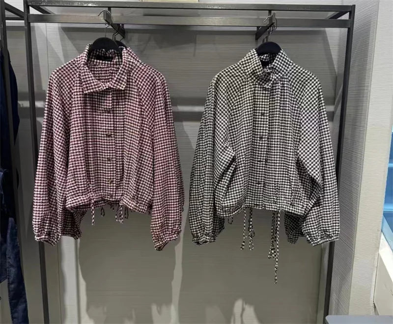 Guobioziy Women's Jacket 2026 Autumn New Plaid Long-Sleeve Drawstring Loose Jacket Parka Casual Fashion Versatile