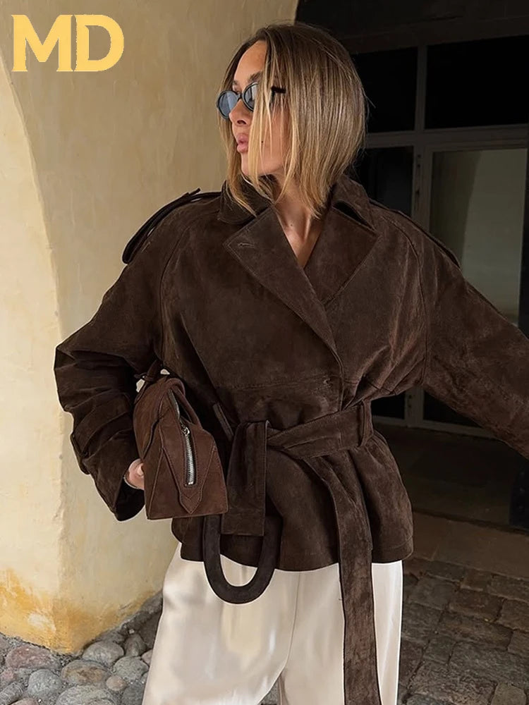 Fashion Suede Women's Jacket With Belt Brown Full Sleeve Turn-down Collar Lace Up Female Jackets 2026 Autumn Winter Lady Outwear