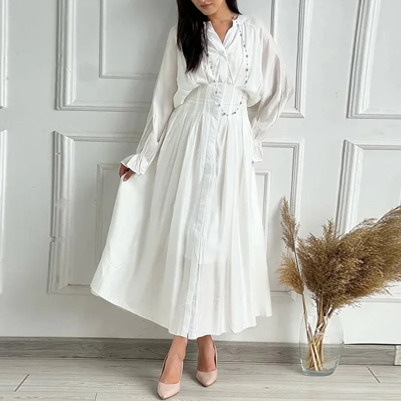 FL Summer New Women Slim Elegant Solid Waist Cinched Button Long Dress Soft Light Breathable Chic Daily Casual Beach Holiday