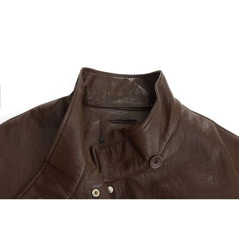 Maillard Coffee Color Design tie up Slimming Leather Jacket 2025Autumn New Loose Solid Color Outfit Korean Outerwear top Commute
