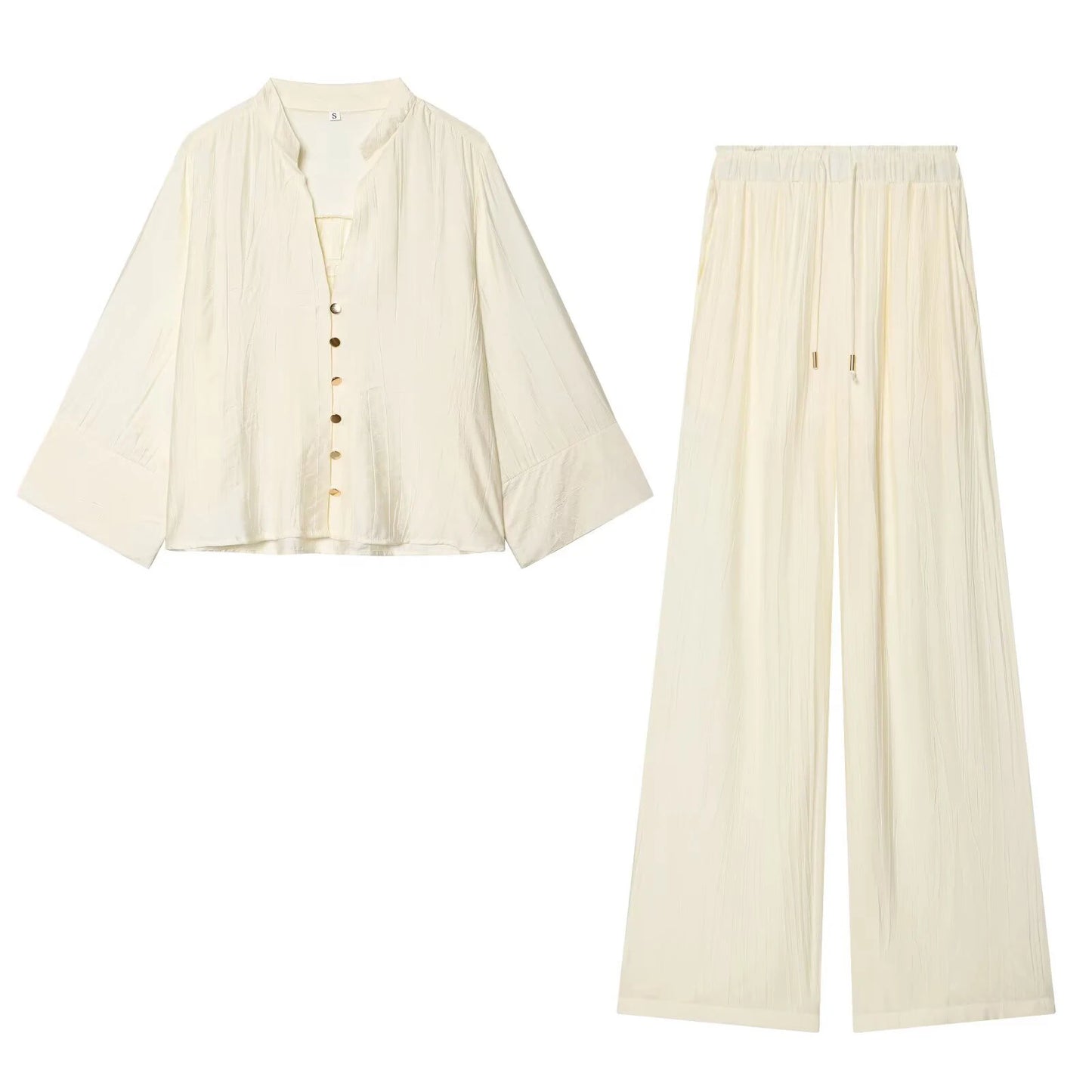 Autumn new women's loose and simple V-neck long sleeved shirt with elastic waist and wide leg pants set