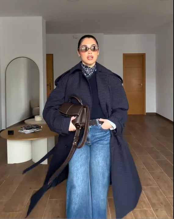 Elegant Lace-up Plaid Lapel Maxi Trench Coat Women Fashion Single Breasted Full Sleeve Loose Coats Lady 2026 New Spring Outwear