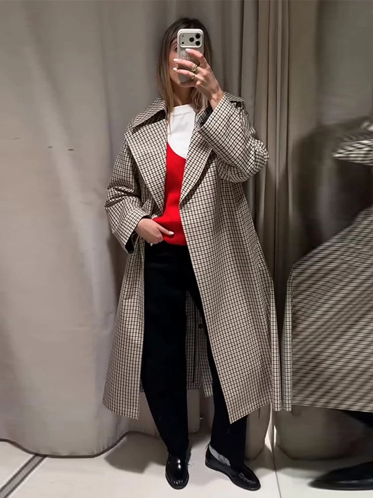 Women Casual Plaid Windbreaker Turn-down Collar Long Sleeve Belt Waist Jacket 2026 Spring Fashion High Street Lady Commute Coat