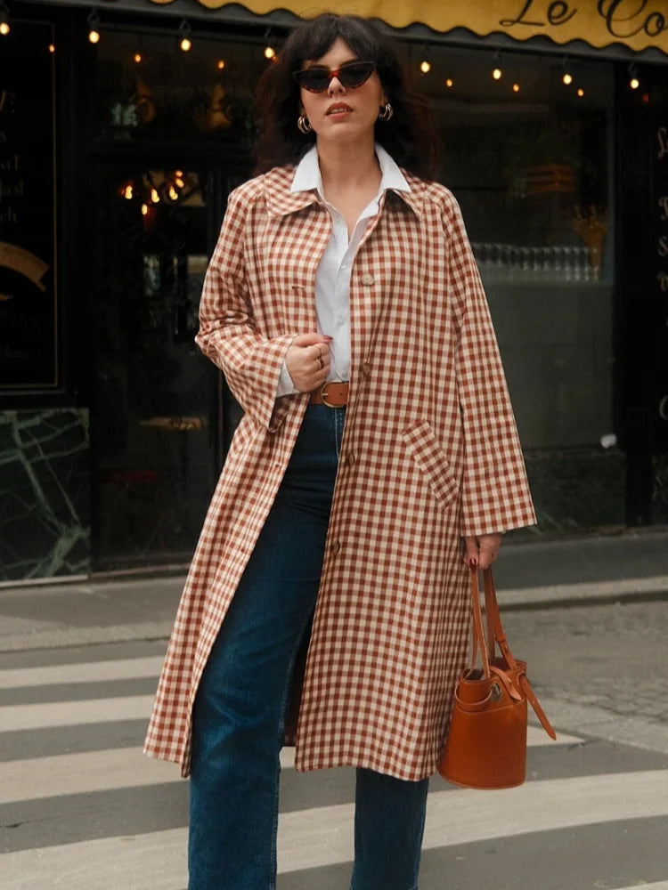 Red Plaid Long Trench Coat Casual Lapel Single Breasted Full Sleeve Windbreaker Jacket Y2k 2026 Autumn New Lady Streetwear