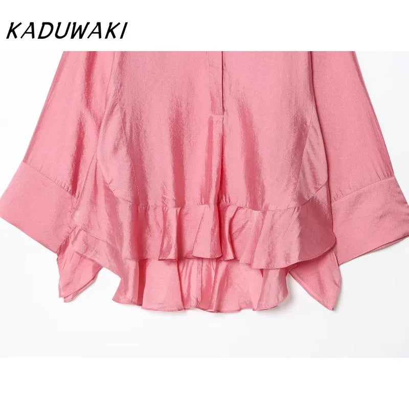 KADUWAKI Classic Solid Color Round Neck Layered Ruffle Edge Long Sleeved Shirt Fashion Single Breasted Casual Commuting Top