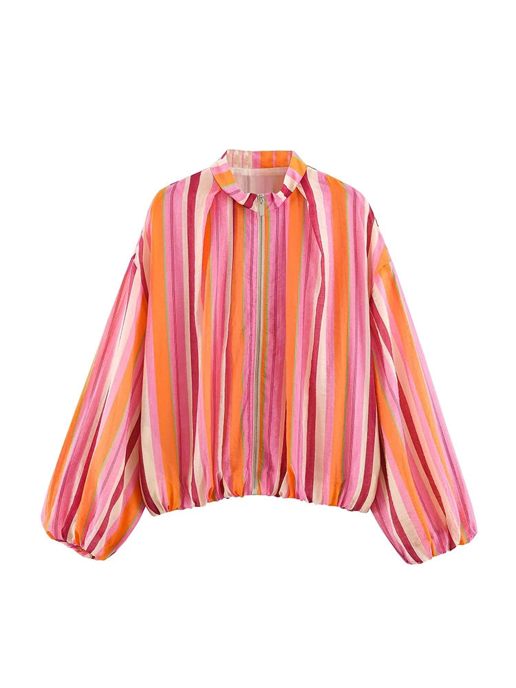TFMLN Women's Bomber Jacket Multicolored Striped Long Sleeves Loose Jackets High Collar Striped Zipper Jackets and Elastic Trims