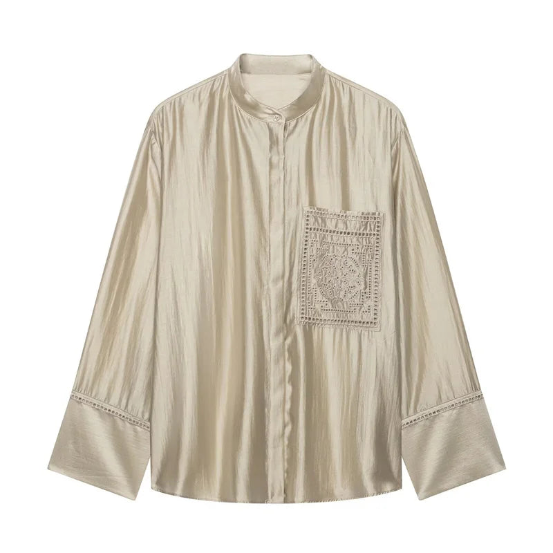 Guobioziy Women's Shirt 2026 Summer New Solid Color Long Sleeve Embroidered Pocket Loose Shirt Elegant Stylish Simple Fashion