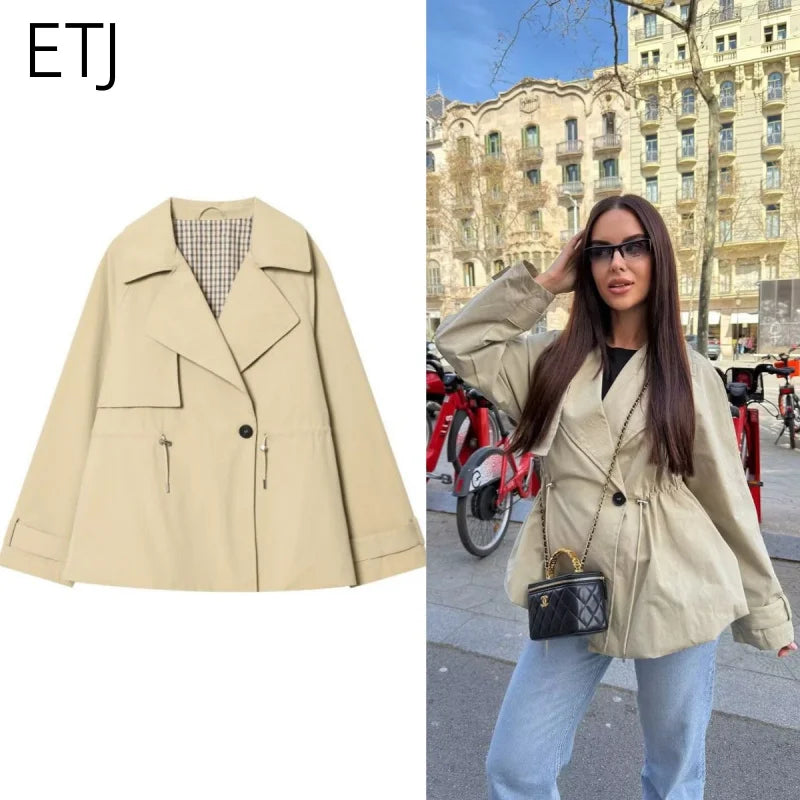 ETJ 2026 Women Casual Trench Coat Short Style Drawstring Waist Jacket Fashion Office Lady Spring Autumn Coat