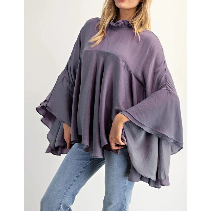 Women's Loose Fit Tops Fashionable Solid Color Long Sleeve Round Neck Irregular Ruffles Layered Blouses for Casual Daily Wear