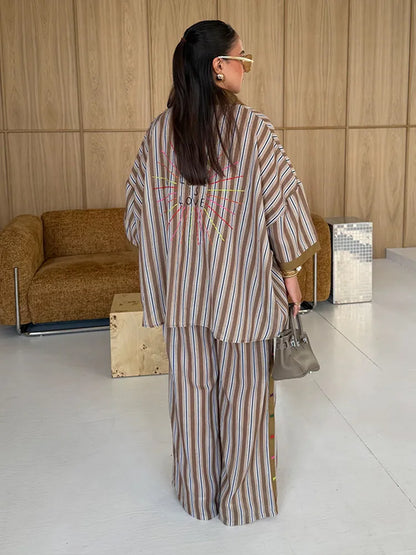 Contrast Stripe Linen Pants 2 Pieces Set Women's Lapel Buttons Shirts Long Trousers 2026 New Ladies Summer Vacation Beach Outfit