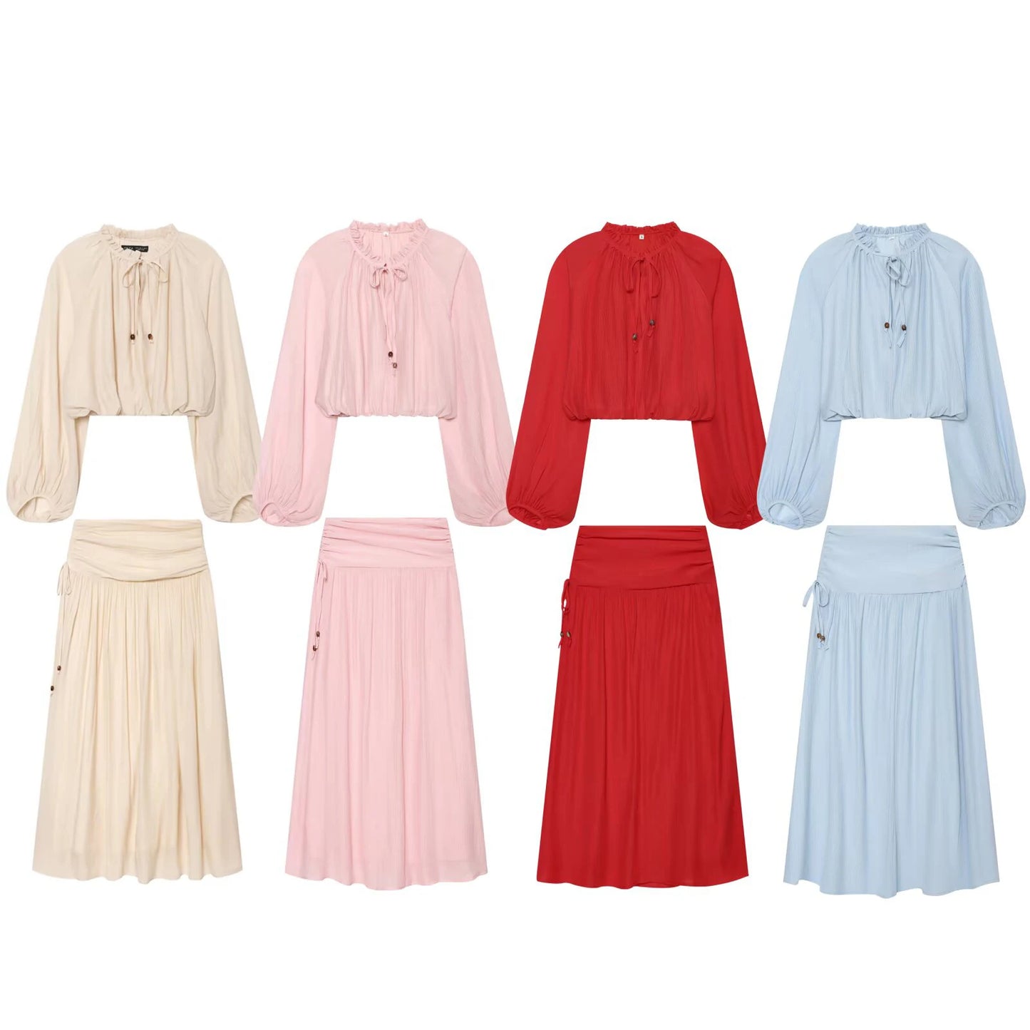 2026 summer new women's clothing with mushroom edge and large silhouette short top, pleated and pleated fabric skirt set