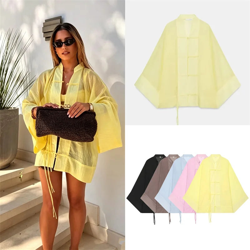 Guobioziy Women's Shirt 2026 Summer New Yellow Long Sleeve with Knot Button Decoration Loose Fit Beach Vacation Elegant